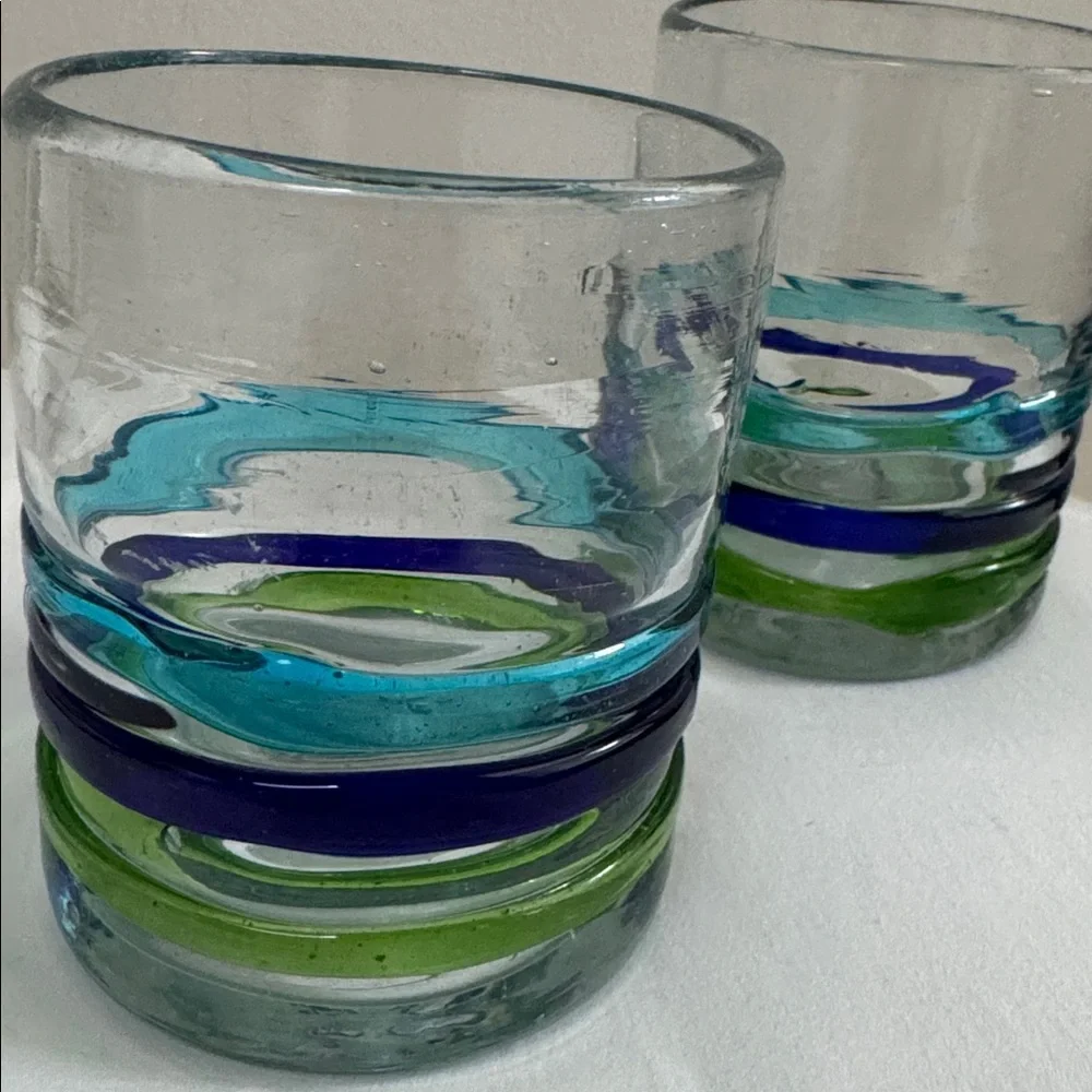 MEXICO HANDBLOWN TUMBLER GLASSES 2 SET STRIPES Cobalt Aqua Green Barware 12 oz